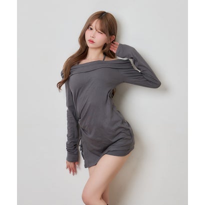 ティカ Tika オフショルダー ギャザー 長袖 トップス 可愛い 韓国 シンプル ショート丈 パンツ セットアップ （ダークグレー）｜詳細画像