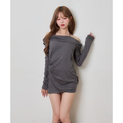 ティカ Tika オフショルダー ギャザー 長袖 トップス 可愛い 韓国 シンプル ショート丈 パンツ セットアップ （ダークグレー）｜詳細画像