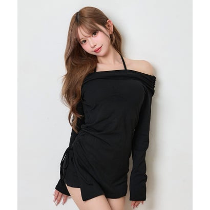 ティカ Tika オフショルダー ギャザー 長袖 トップス 可愛い 韓国 シンプル ショート丈 パンツ セットアップ （ブラック）｜詳細画像
