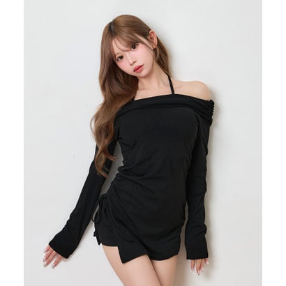 ティカ Tika オフショルダー ギャザー 長袖 トップス 可愛い 韓国 シンプル ショート丈 パンツ セットアップ （ブラック）｜詳細画像
