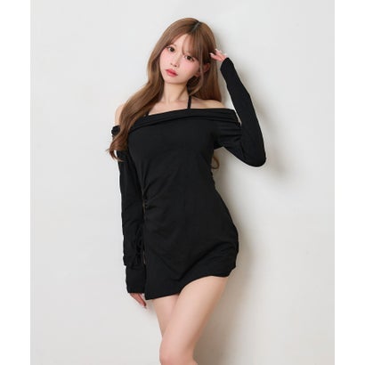 ティカ Tika オフショルダー ギャザー 長袖 トップス 可愛い 韓国 シンプル ショート丈 パンツ セットアップ （ブラック）｜詳細画像
