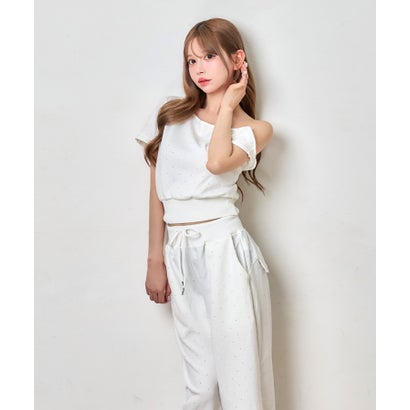 ティカ Tika ドットビジュー アシンメトリー クロップドトップス 可愛い ガーリー ポケットあり ワイドスウェットパンツ （ホワイト）｜詳細画像