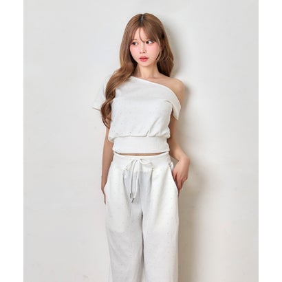 ティカ Tika ドットビジュー アシンメトリー クロップドトップス 可愛い ガーリー ポケットあり ワイドスウェットパンツ （ホワイト）｜詳細画像