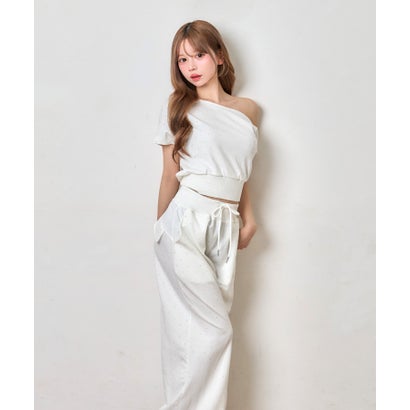 ティカ Tika ドットビジュー アシンメトリー クロップドトップス 可愛い ガーリー ポケットあり ワイドスウェットパンツ （ホワイト）｜詳細画像