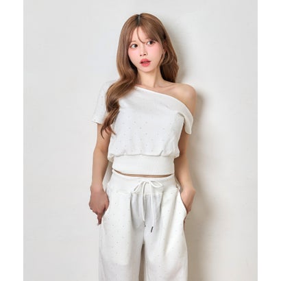 ティカ Tika ドットビジュー アシンメトリー クロップドトップス 可愛い ガーリー ポケットあり ワイドスウェットパンツ （ホワイト）｜詳細画像