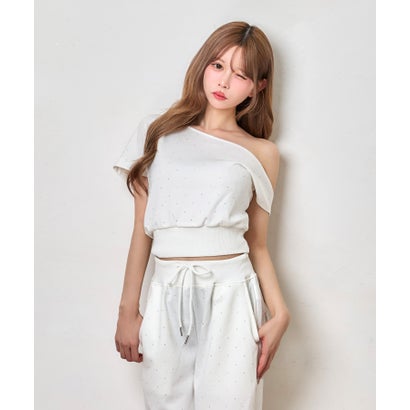 ティカ Tika ドットビジュー アシンメトリー クロップドトップス 可愛い ガーリー ポケットあり ワイドスウェットパンツ （ホワイト）｜詳細画像