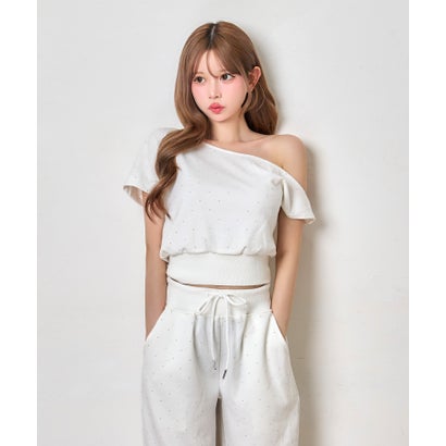 ティカ Tika ドットビジュー アシンメトリー クロップドトップス 可愛い ガーリー ポケットあり ワイドスウェットパンツ （ホワイト）｜詳細画像