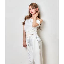 ドットビジュー アシンメトリー クロップドトップス 可愛い ガーリー ポケットあり ワイドスウェットパンツ （ホワイト）
