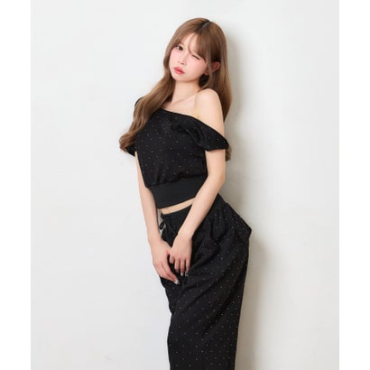 ティカ Tika ドットビジュー アシンメトリー クロップドトップス 可愛い ガーリー ポケットあり ワイドスウェットパンツ （ブラック）｜詳細画像