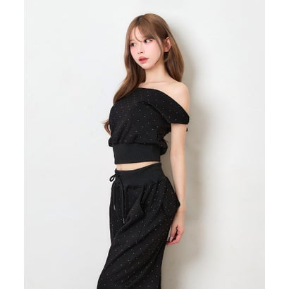 ティカ Tika ドットビジュー アシンメトリー クロップドトップス 可愛い ガーリー ポケットあり ワイドスウェットパンツ （ブラック）｜詳細画像