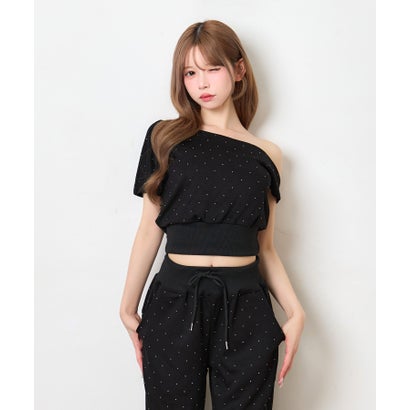 ティカ Tika ドットビジュー アシンメトリー クロップドトップス 可愛い ガーリー ポケットあり ワイドスウェットパンツ （ブラック）｜詳細画像