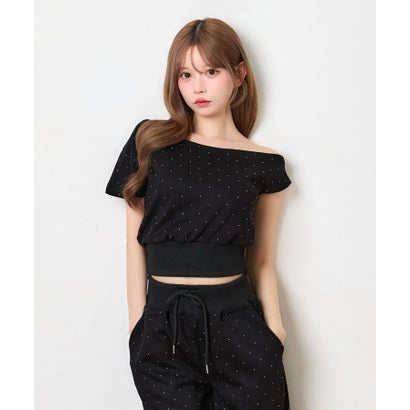 ティカ Tika ドットビジュー アシンメトリー クロップドトップス 可愛い ガーリー ポケットあり ワイドスウェットパンツ （ブラック）｜詳細画像