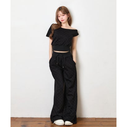 ティカ Tika ドットビジュー アシンメトリー クロップドトップス 可愛い ガーリー ポケットあり ワイドスウェットパンツ （ブラック）｜詳細画像