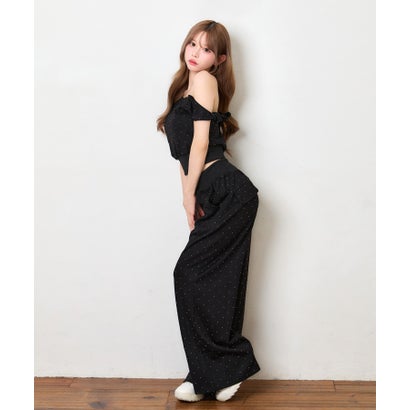 ティカ Tika ドットビジュー アシンメトリー クロップドトップス 可愛い ガーリー ポケットあり ワイドスウェットパンツ （ブラック）｜詳細画像