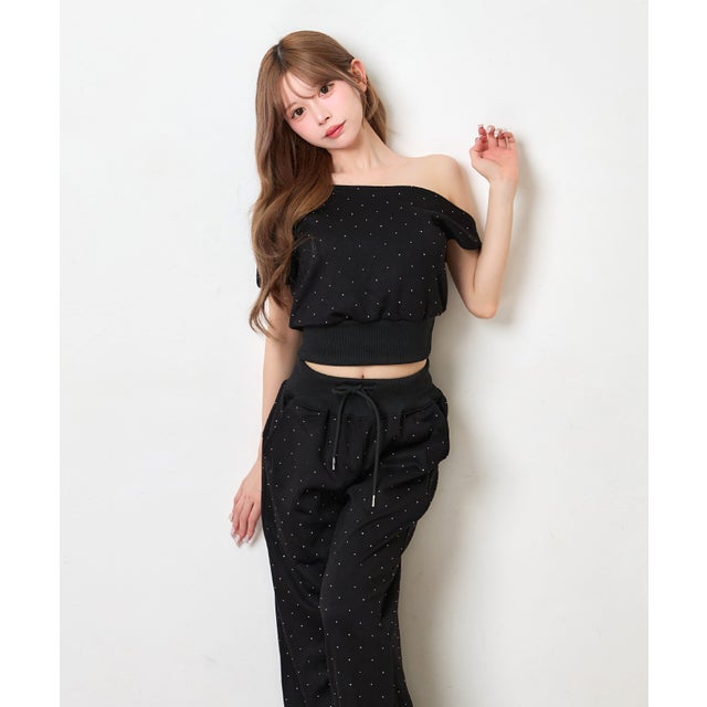 ドットビジュー アシンメトリー クロップドトップス 可愛い ガーリー ポケットあり ワイドスウェットパンツ （ブラック）