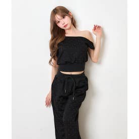 ドットビジュー アシンメトリー クロップドトップス 可愛い ガーリー ポケットあり ワイドスウェットパンツ （ブラック）
