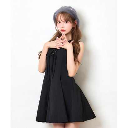 ティカ Tika フロントリボン ノースリーブ 可愛い ラウンドネック レースアップ ガーリー シンプル Aラインフレアミニワンピース （ブラック）｜詳細画像