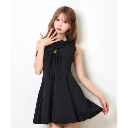 ティカ Tika フロントリボン ノースリーブ 可愛い ラウンドネック レースアップ ガーリー シンプル Aラインフレアミニワンピース （ブラック）｜詳細画像