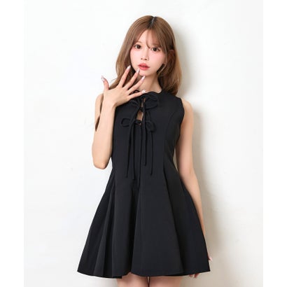 ティカ Tika フロントリボン ノースリーブ 可愛い ラウンドネック レースアップ ガーリー シンプル Aラインフレアミニワンピース （ブラック）｜詳細画像