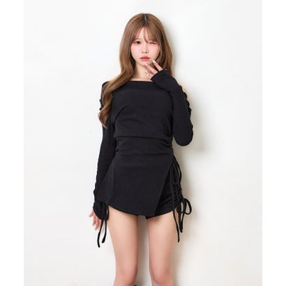 ティカ Tika ドロストリボン オフショルダー 長袖 デコルテ魅せ リボン フード パンツ セットアップ （ブラック）｜詳細画像