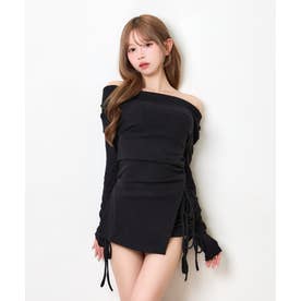 ドロストリボン オフショルダー 長袖 デコルテ魅せ リボン フード パンツ セットアップ （ブラック）