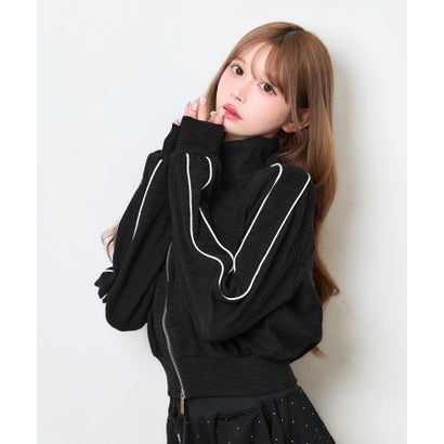 ティカ Tika バイカラー バイピング ダブルジップ ガーリー スポーティー 可愛い ジャージ クロップド ショートブルゾン （ブラック）｜詳細画像