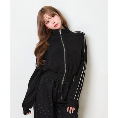 ティカ Tika バイカラー バイピング ダブルジップ ガーリー スポーティー 可愛い ジャージ クロップド ショートブルゾン （ブラック）｜詳細画像