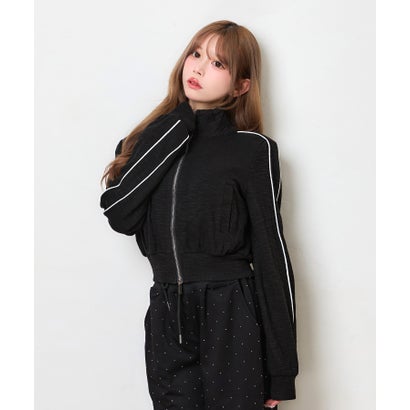 ティカ Tika バイカラー バイピング ダブルジップ ガーリー スポーティー 可愛い ジャージ クロップド ショートブルゾン （ブラック）｜詳細画像