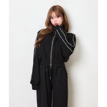 ティカ Tika バイカラー バイピング ダブルジップ ガーリー スポーティー 可愛い ジャージ クロップド ショートブルゾン （ブラック）｜詳細画像