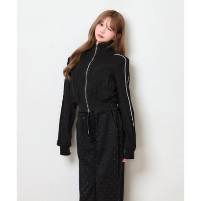 ティカ Tika バイカラー バイピング ダブルジップ ガーリー スポーティー 可愛い ジャージ クロップド ショートブルゾン （ブラック）｜詳細画像