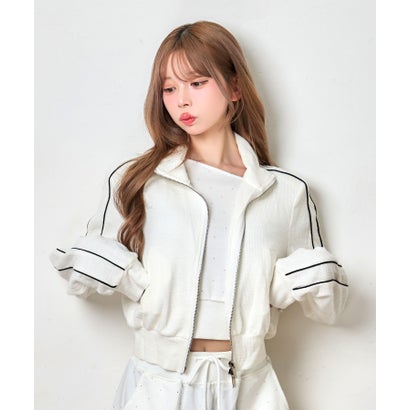 ティカ Tika バイカラー バイピング ダブルジップ ガーリー スポーティー 可愛い ジャージ クロップド ショートブルゾン （ホワイト）｜詳細画像