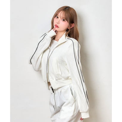ティカ Tika バイカラー バイピング ダブルジップ ガーリー スポーティー 可愛い ジャージ クロップド ショートブルゾン （ホワイト）｜詳細画像