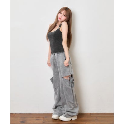カーゴ サイドレイヤード カットアウト シンプル 肌魅せ ワイドスウェットパンツ （グレー）｜詳細画像