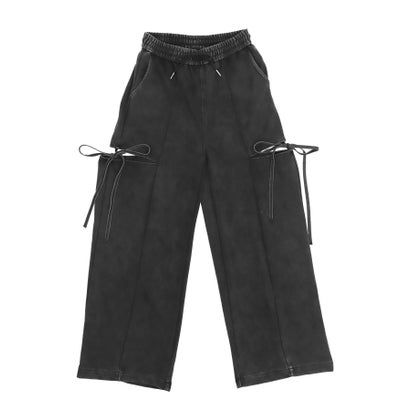 カーゴ サイドレイヤード カットアウト シンプル 肌魅せ ワイドスウェットパンツ （ブラック）｜詳細画像