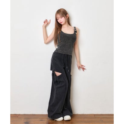 カーゴ サイドレイヤード カットアウト シンプル 肌魅せ ワイドスウェットパンツ （ブラック）｜詳細画像