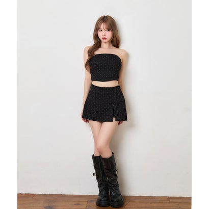 ティカ Tika ベアトップ ミニスカート シンプル ビジュー スポーティー スウェット生地 へそ出し ストレッチ セットアップ （ブラック）｜詳細画像