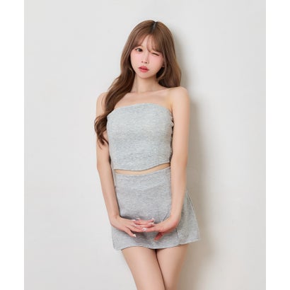 ティカ Tika ベアトップ ミニスカート シンプル ビジュー スポーティー スウェット生地 へそ出し ストレッチ セットアップ （グレー）｜詳細画像