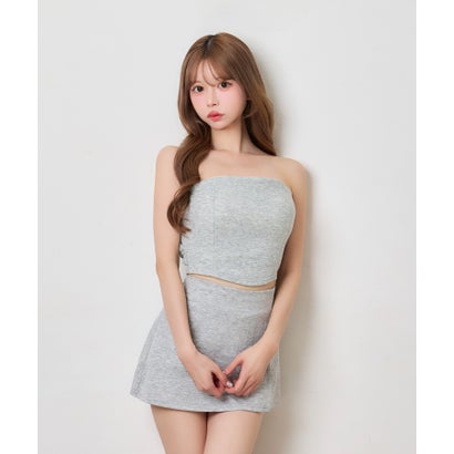 ティカ Tika ベアトップ ミニスカート シンプル ビジュー スポーティー スウェット生地 へそ出し ストレッチ セットアップ （グレー）｜詳細画像