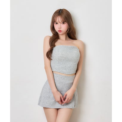 ティカ Tika ベアトップ ミニスカート シンプル ビジュー スポーティー スウェット生地 へそ出し ストレッチ セットアップ （グレー）｜詳細画像
