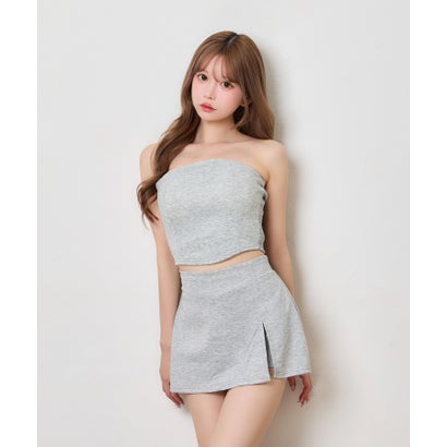 ティカ Tika ベアトップ ミニスカート シンプル ビジュー スポーティー スウェット生地 へそ出し ストレッチ セットアップ （グレー）｜詳細画像