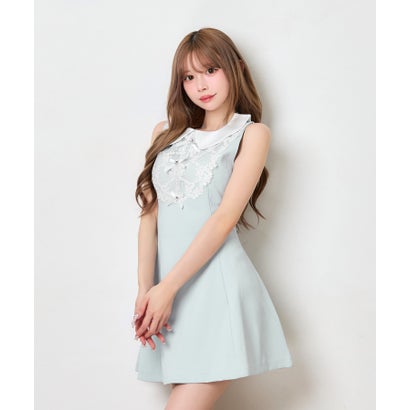 ティカ Tika レースフリル襟 リボン 可愛い ガーリー Aライン フレアスカート ノースリーブ ガーリー ワンピース （アイスブルー）｜詳細画像