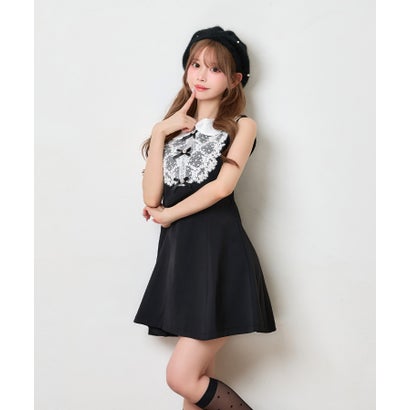 ティカ Tika レースフリル襟 リボン 可愛い ガーリー Aライン フレアスカート ノースリーブ ガーリー ワンピース （ブラック）｜詳細画像