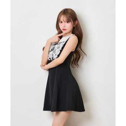 ティカ Tika レースフリル襟 リボン 可愛い ガーリー Aライン フレアスカート ノースリーブ ガーリー ワンピース （ブラック）｜詳細画像