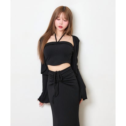 ティカ Tika ホルターネック へそ出し トップス 可愛い シンプル 韓国 3点セット カーディガン ギャザーフレアロングスカート （ブラック）｜詳細画像
