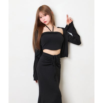 ティカ Tika ホルターネック へそ出し トップス 可愛い シンプル 韓国 3点セット カーディガン ギャザーフレアロングスカート （ブラック）｜詳細画像