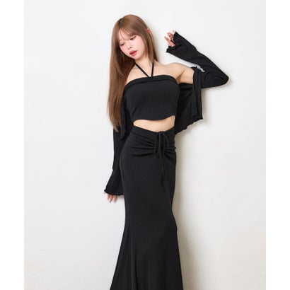 ティカ Tika ホルターネック へそ出し トップス 可愛い シンプル 韓国 3点セット カーディガン ギャザーフレアロングスカート （ブラック）｜詳細画像
