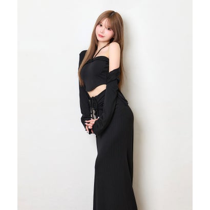 ティカ Tika ホルターネック へそ出し トップス 可愛い シンプル 韓国 3点セット カーディガン ギャザーフレアロングスカート （ブラック）｜詳細画像