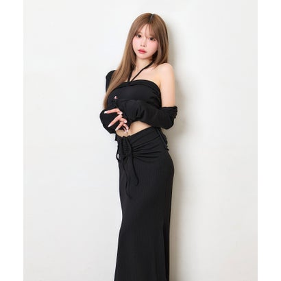 ティカ Tika ホルターネック へそ出し トップス 可愛い シンプル 韓国 3点セット カーディガン ギャザーフレアロングスカート （ブラック）｜詳細画像