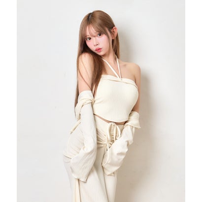 ティカ Tika ホルターネック へそ出し トップス 可愛い シンプル 韓国 3点セット カーディガン ギャザーフレアロングスカート （アイボリー）｜詳細画像