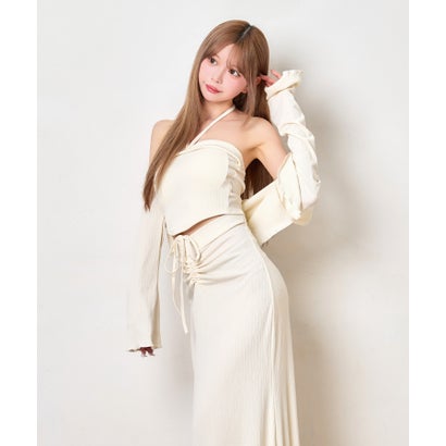 ティカ Tika ホルターネック へそ出し トップス 可愛い シンプル 韓国 3点セット カーディガン ギャザーフレアロングスカート （アイボリー）｜詳細画像